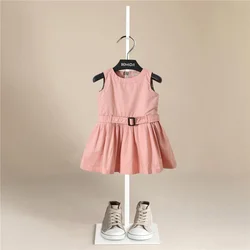 Summer Girls Dress European  American Style Pink Vest Sleeveless with Belt Solid Color Dress  Toddler Baby Girls Clothing