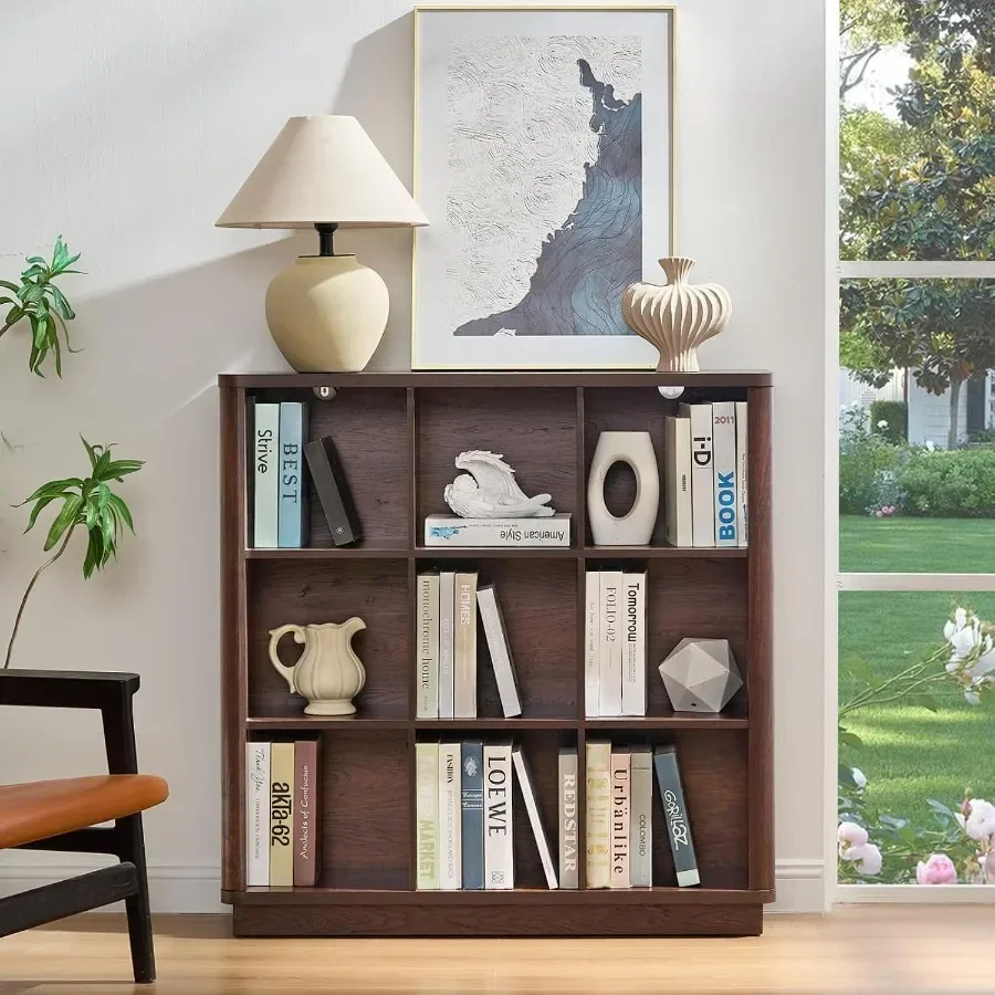 Living room and home office bookshelf: walnut wood 9-cube organizer with curved edge, 40.5 wide floor-standing 3-tier cubby she view 5