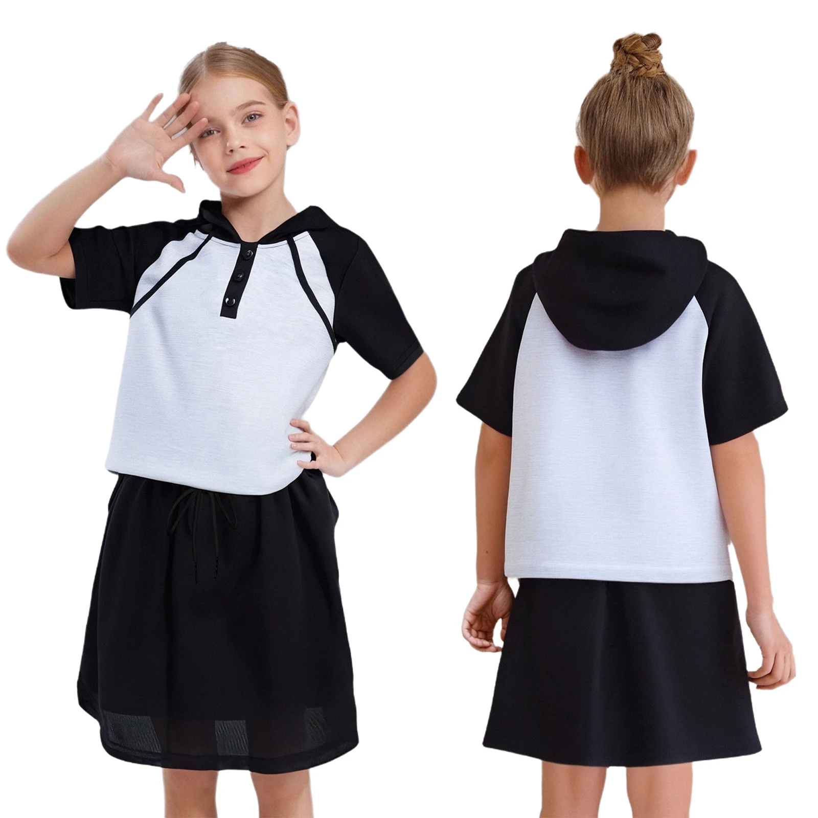 

Child Girl Fashion Color Block Athletic Casual Outfit Sportswear Short Sleeve Hooded Top with Drawstring Elastic Waistband Skirt