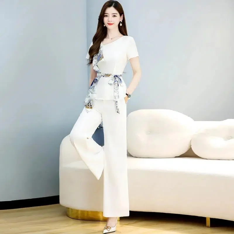 Summer New Suit Female 2024 Age Reduction Slimming Net Red Temperament Western Style Waist Printing Wide-Leg Pants Two-Piece Set