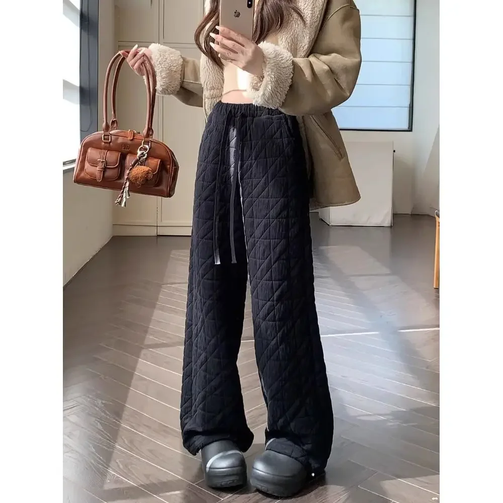厚手の綿パンツ ハイウエスト ワイドレッグ カジュアル 冬 レジャー サーマル ダイヤモンド柄 レディース ロングパンツ