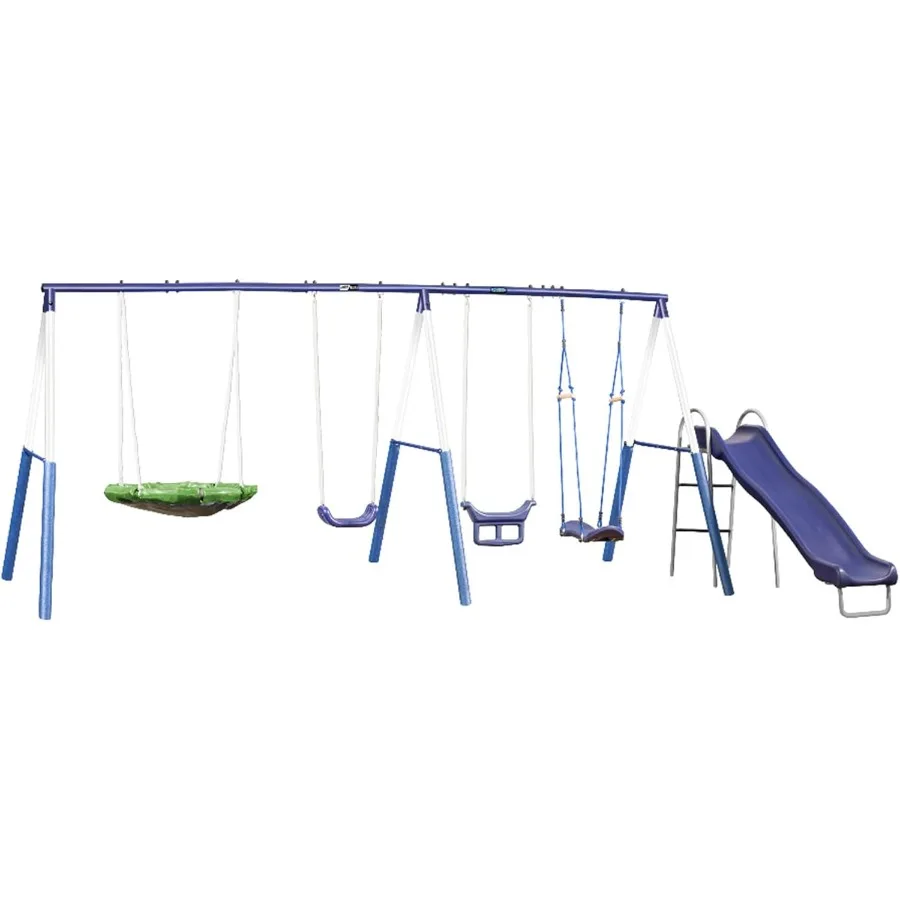 

Surf N Swing Painted Steel 5 Station Outdoor Backyard Swing and Play Set with Wave Slide Foam Leg Guards and Hardware in Blue f