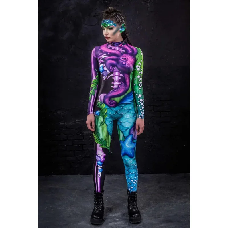 Scale Pattern Cosplay Costume Women Female Girls Boys Suit Zentai Super Hero Unisex Bodysuit Long-sleved Jumpsuit Adults