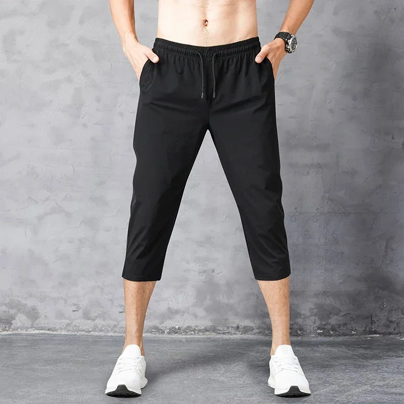 

2023 Summer Men Ice Silk Casual Pants Men Elastic Drawstring Calf-Lenght Joggers Pants Sports Soild Color Cargo Trousers Male