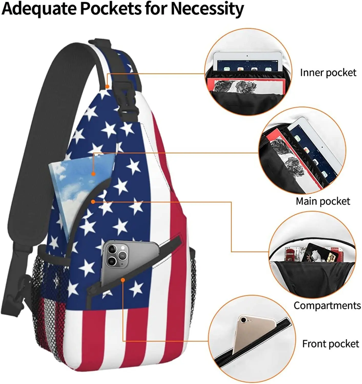 American Flag Wandern Tages rucksäcke Cross body Sling Rucksack Umhängetasche Brusttasche mit verstellbarem Riemen hohe Kapazität Männer Frauen