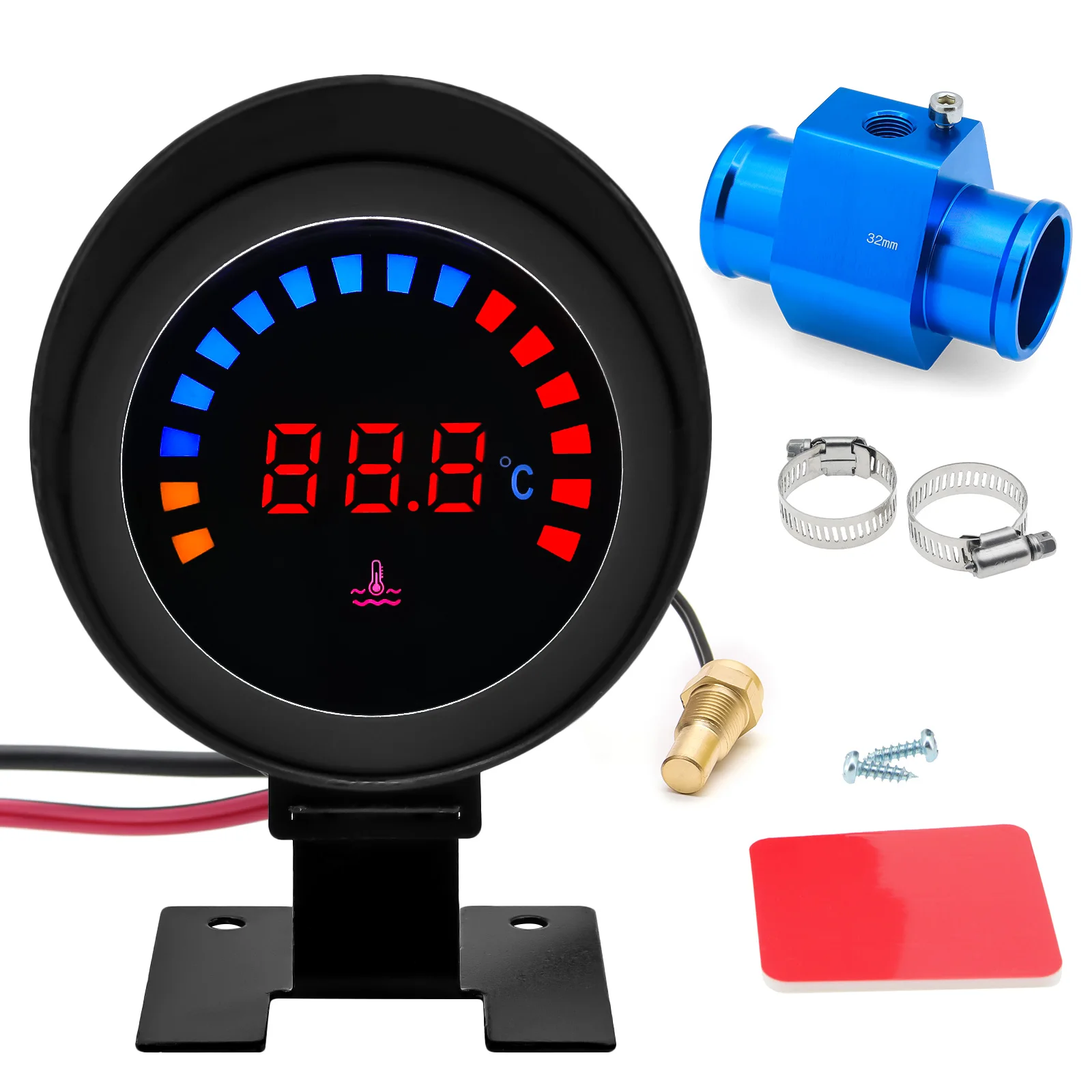 

Water Temperature Gauge with Adapter Joint Pipe Sensor 26-40mm LED Digit Temperature Meter with Sensor for Car Racing 12/24V