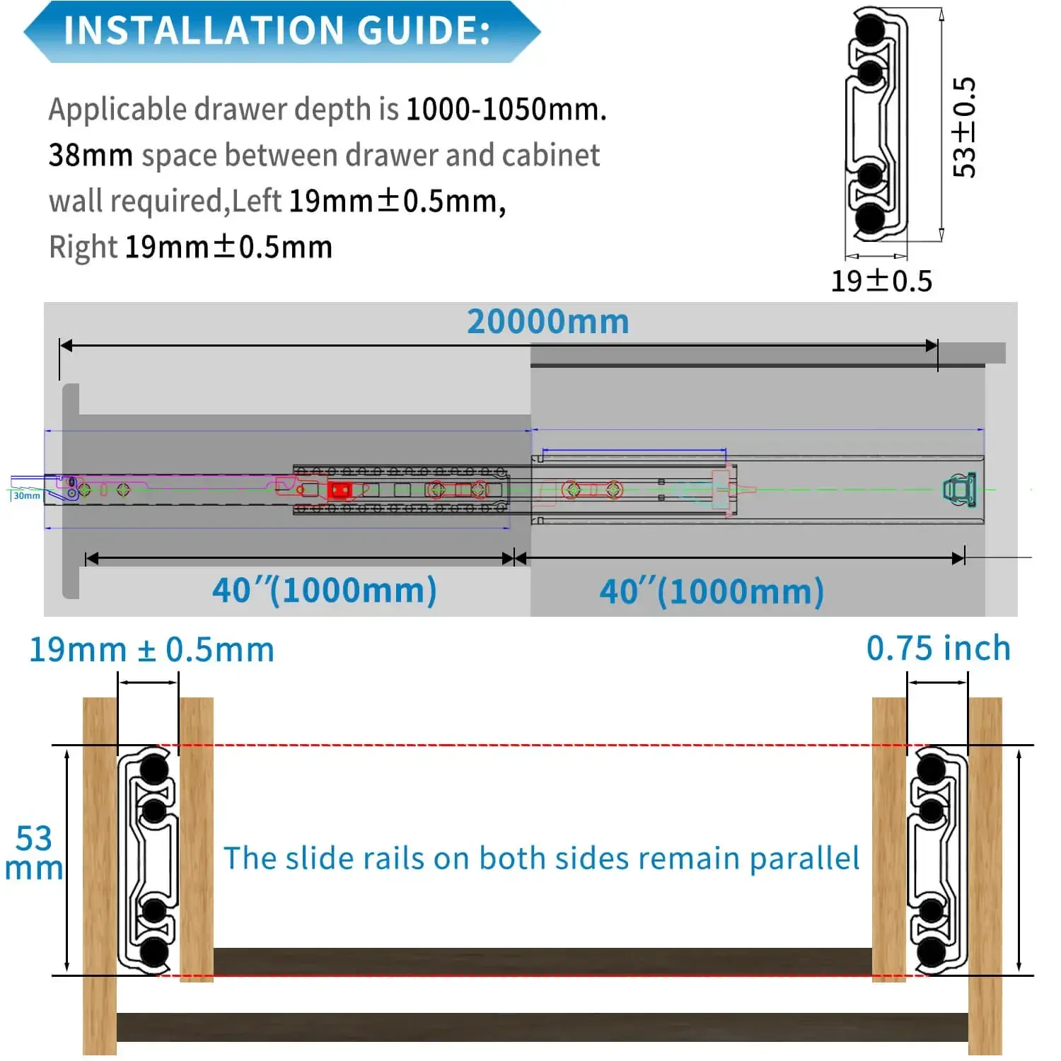 CXHIIA 53mm Heavy Duty Drawer Slide With Lock-In And Lock-Out ,10-60in 3-Fold Guide Rail ,256LBS  Full Extension Ball Bearing