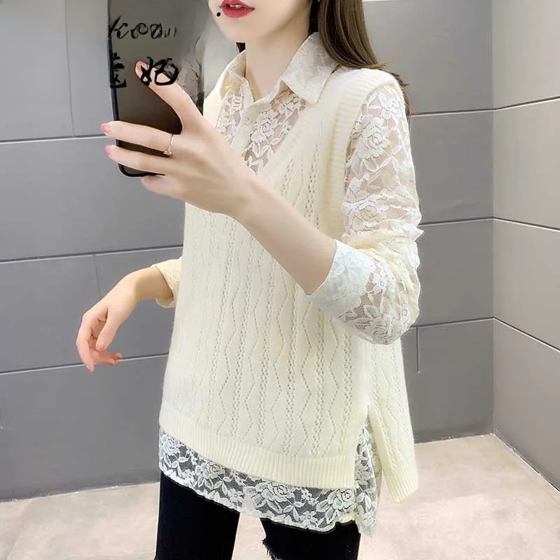 

Chic Lace Collar Knitted Sweater Two-Piece Set Women's Top Loose ort Sle Autumn Base irt Faionable Polyester Fiber