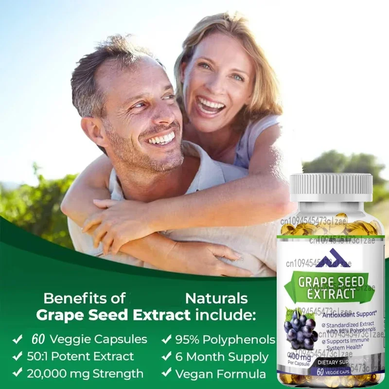 Extracto de semilla de uva de alta resistencia 50:1, 20000 miligramas de fuerza, 60 cápsulas vegetarianas, 95% concentrado, natural