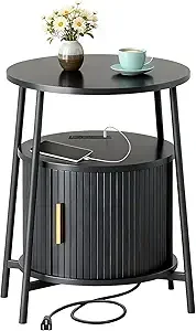 

Round End Tables with Charging Station, luted Accent Side Table with Sliding Door, -Century ern Nightstand or Small Space Storag