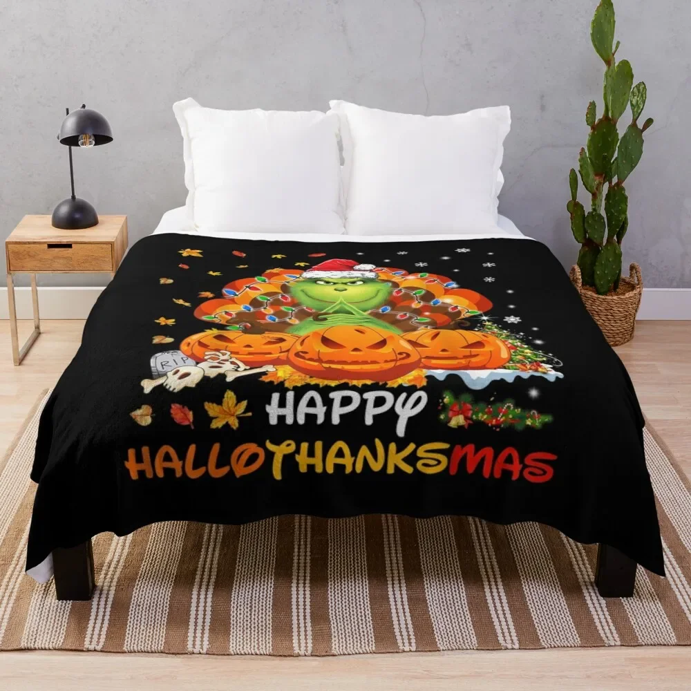 

Happy Hallothanksmas G.rin-ch and Merry Christmas Throw Blanket Flannel Fabric Sofa Throw Blankets