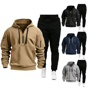 2 adet/takım 2024 pamuk bırakılan omuz kapüşonlu Sweatshirt erkek gevşek kazak moda kazak Sweatpants seti eşofman