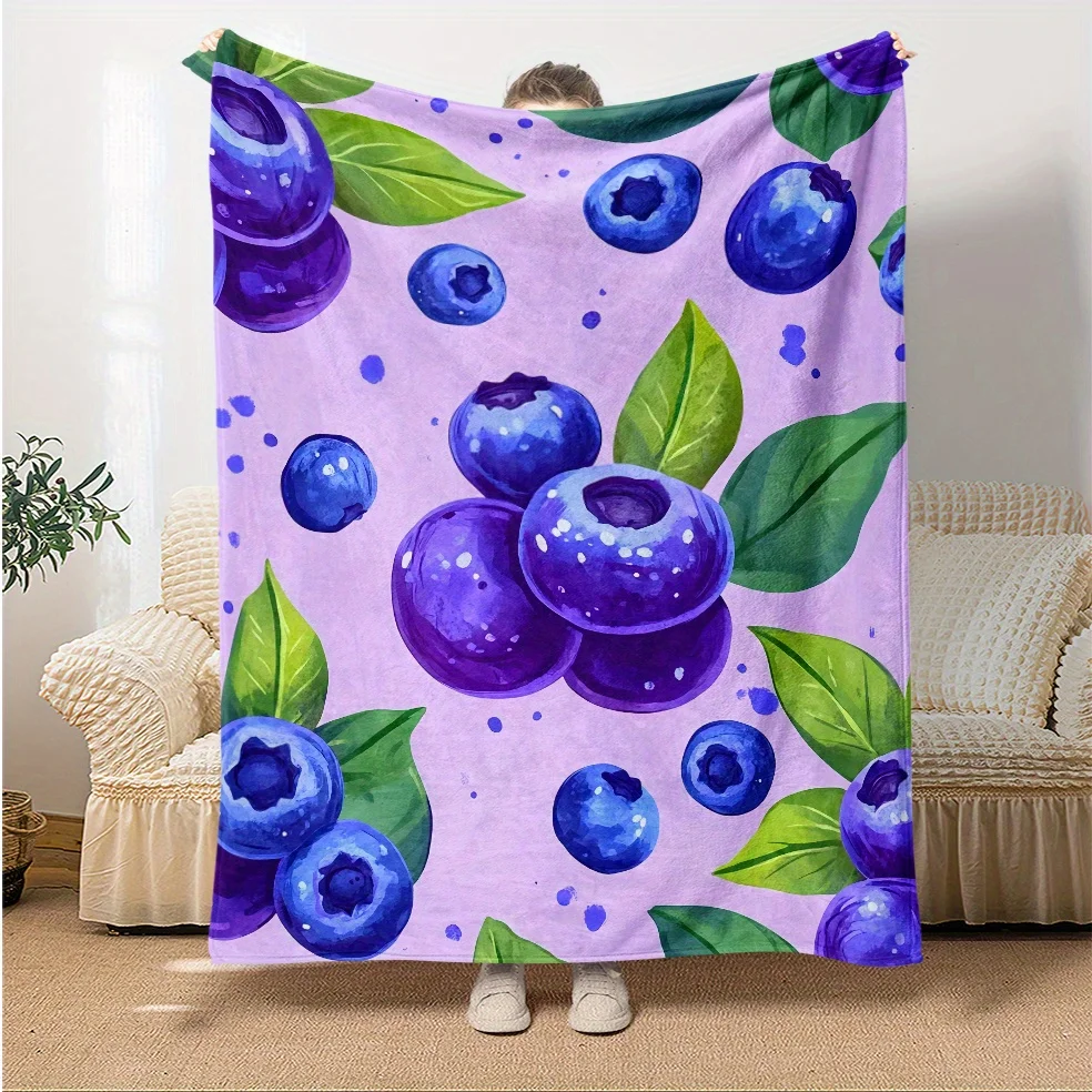 Custom Blueberry Blanket Watercolor Fruit Pattern Fleece Throw All Season Soft Warm Bedding Home Decor Gift for Kitchen Lovers