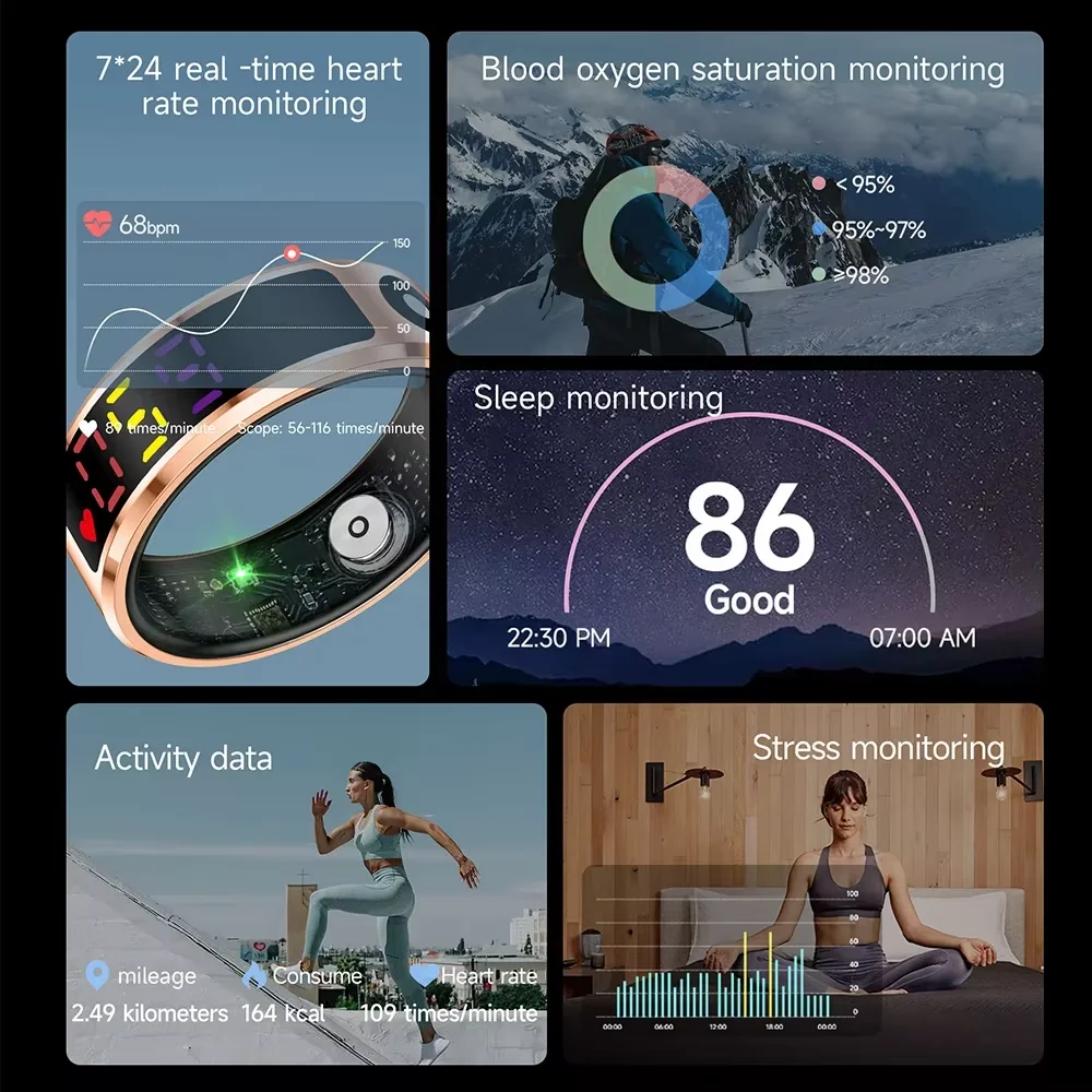 EIGIIS 2025 Color Screen Smart Ring 5ATM Waterproof Touch Health Monitoring Long Battery Life Gesture Operated Multi-motion Mode