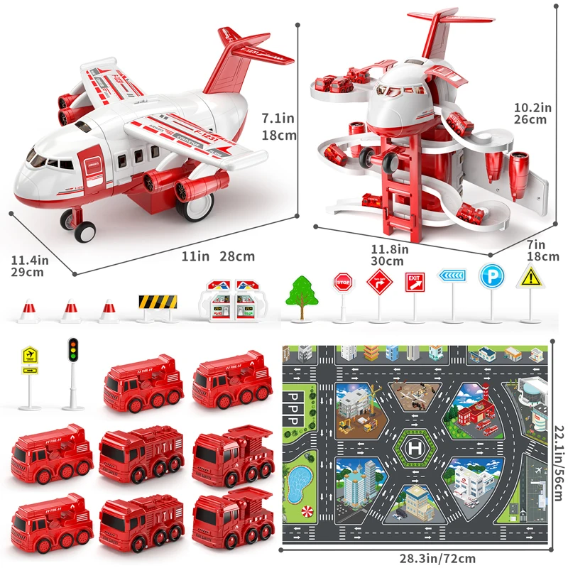 The children\'s deformation transport plane toy and fire rail car are suitable for children aged 3-7 and come with a game mat.