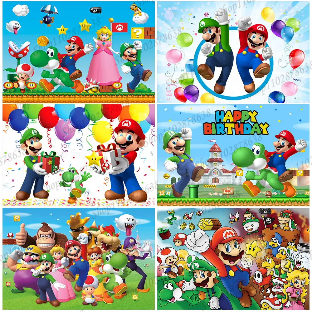 Backdrop Super Marios Luigi Boys Bros Birthday Party Photography Background Baby Shower Event Wall Banner Poster Banner Decor