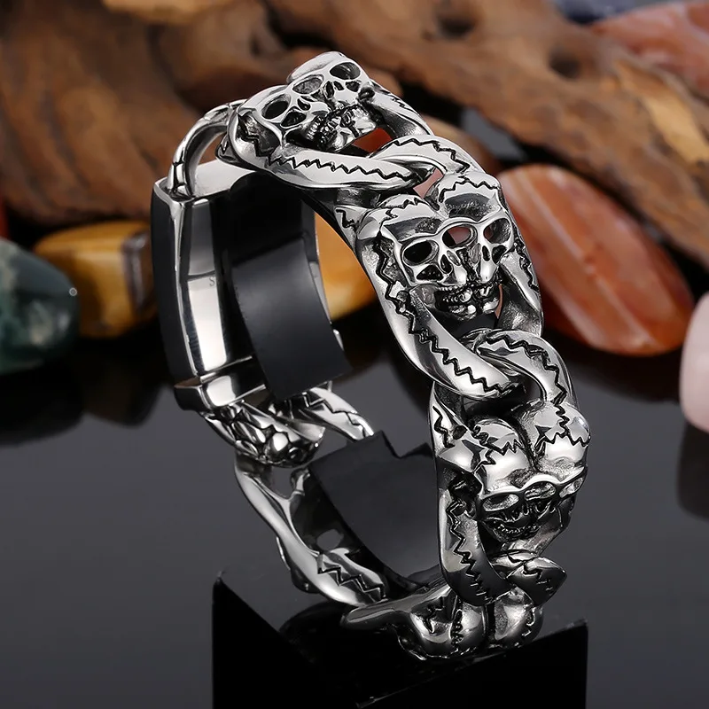 Stainless Steel Gothic Skeleton Bracelet Double Skull Link Chain Bangle For Mens 26mm 8.66'' Heavy 154g Weight