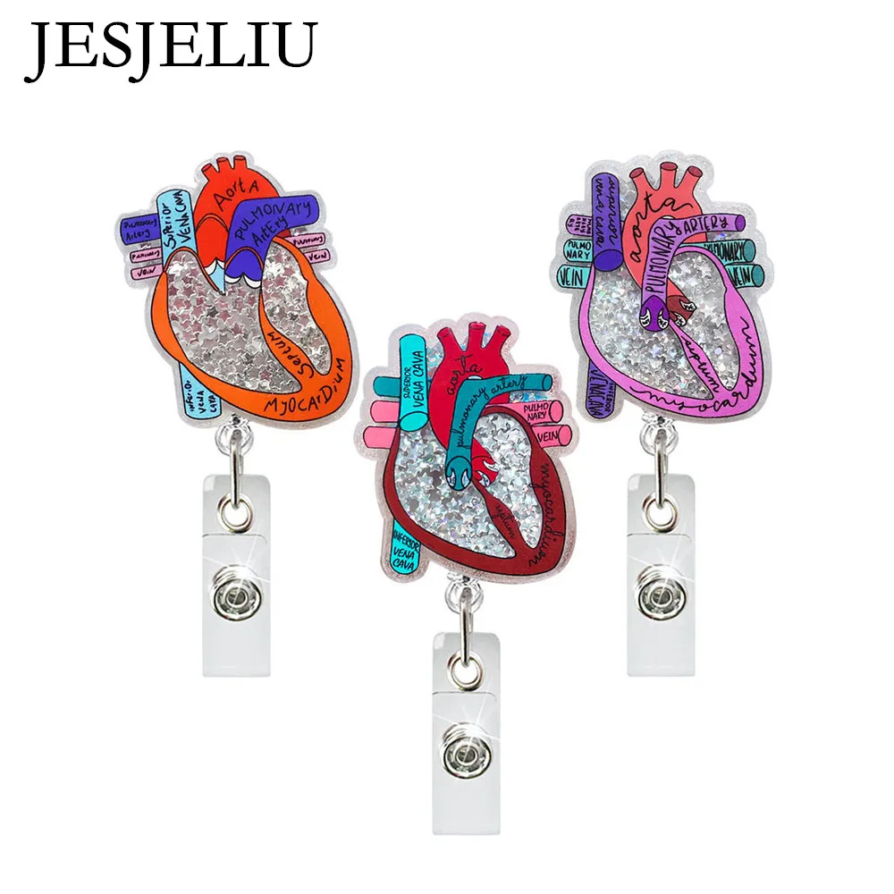 

New 1Pc Heart Shape Acrylic Glitter Quicksand Badge Reel Workers Nurse Doctor ID Holder Retractable Name Card Holder Keychains