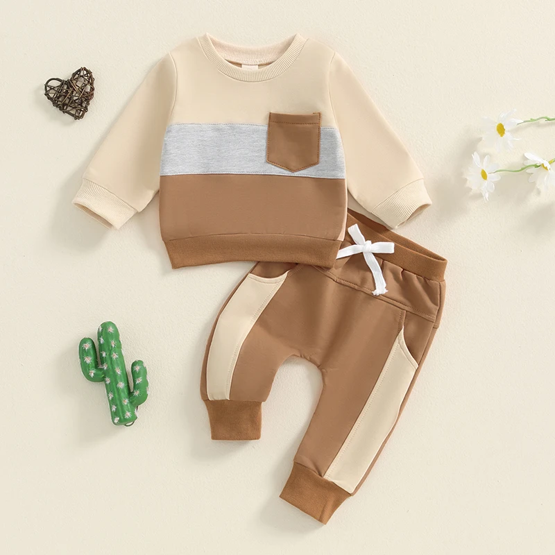 Conjunto de Sudadera con capucha y pantalones de Jogger para niño pequeño, chándal acogedor de 2 piezas, diseño de bloque de Color para bebé activo