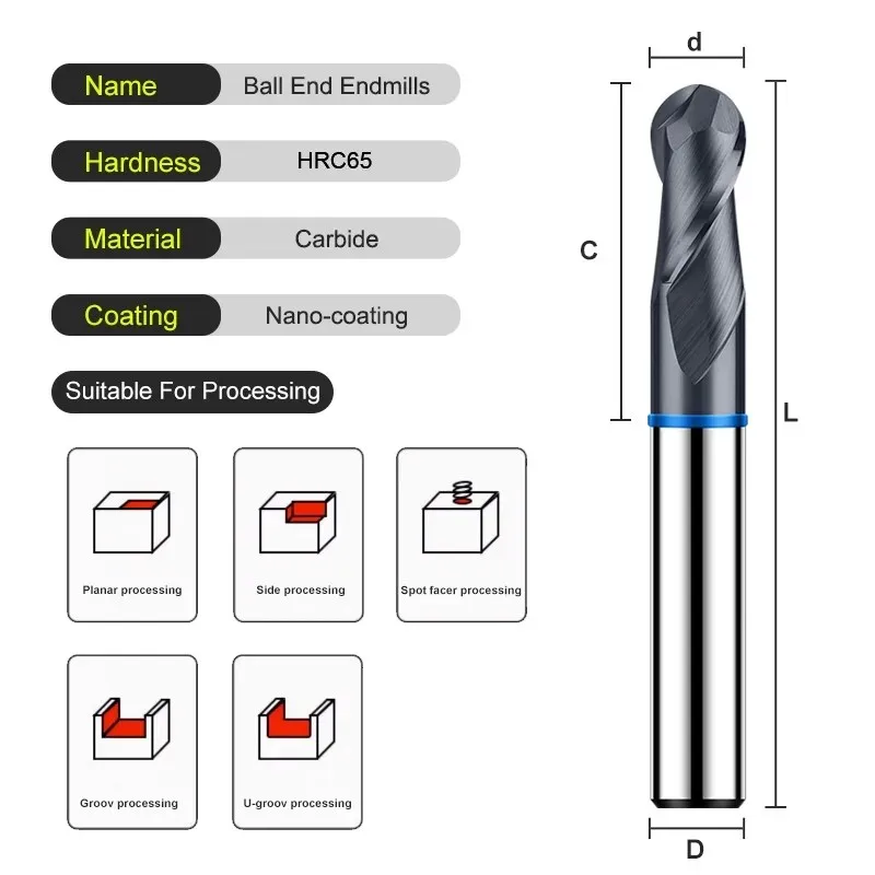 AZZKOR 2F Endmills cincin warna baja Tungsten pemotong penggilingan ujung bola karbida baja Tungsten untuk peralatan mekanik CNC TGB-HRC58
