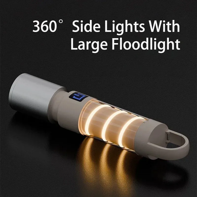 Multi-functional Portable LED Flashlight Zoom Torch with Hook 360° Side Light Type-C Charging Outdoors Camping Lamp