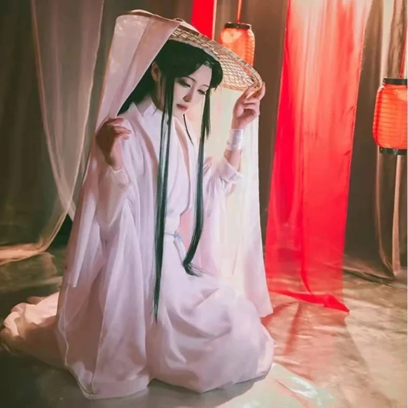 Pelucas de disfraz de Cosplay ss13Tian Guan Ci Fu Xie Lian, sombrero de bambú, traje blanco HanFu, tela de Halloween, bendición oficial del cielo