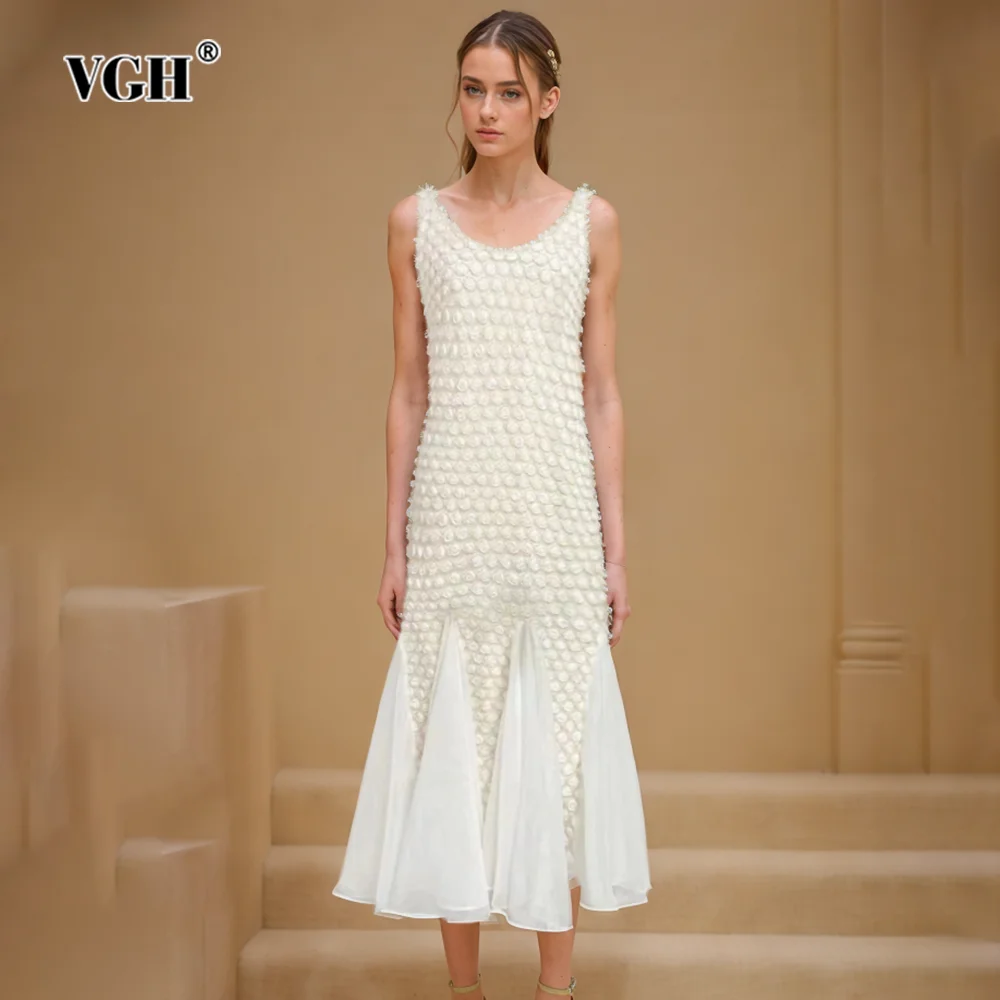 

VGH Soild Patchwork Mesh Casual Dresses For Women Square Collar Sleeveless Backless High Waist Camisole Dress Female Fashion New