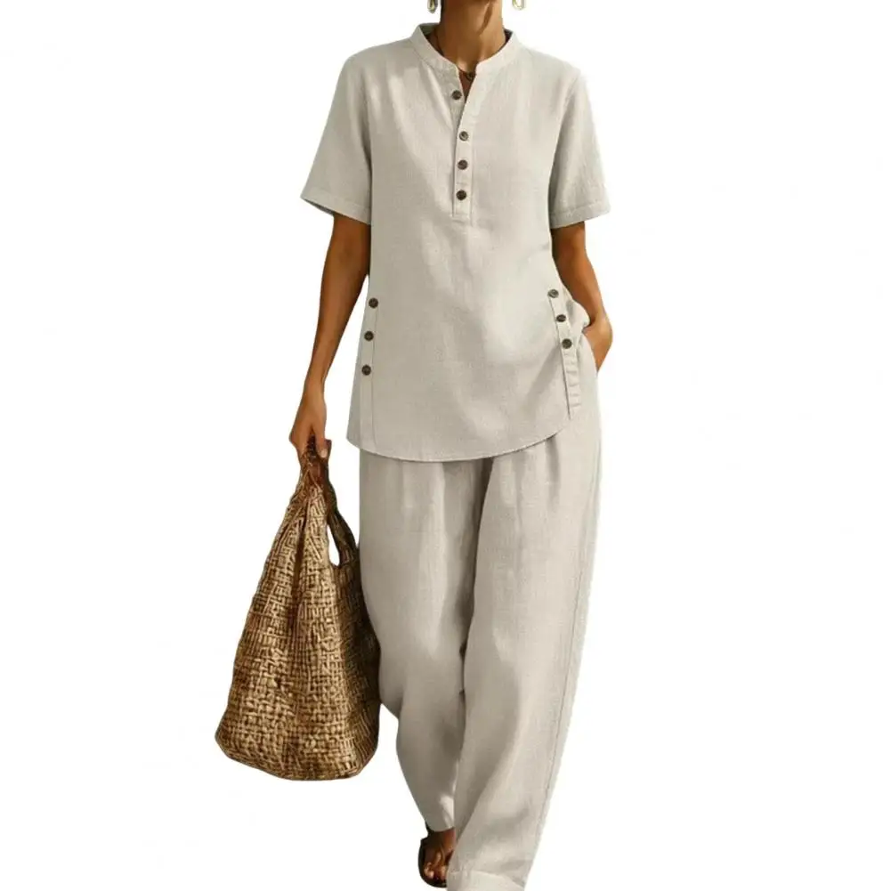 

Women's 2 Piece Linen Sets, Short Sleeve Button Up Top And Wide Leg Pants Matching Outfits, Summer Casual Lounge Sets Pants And