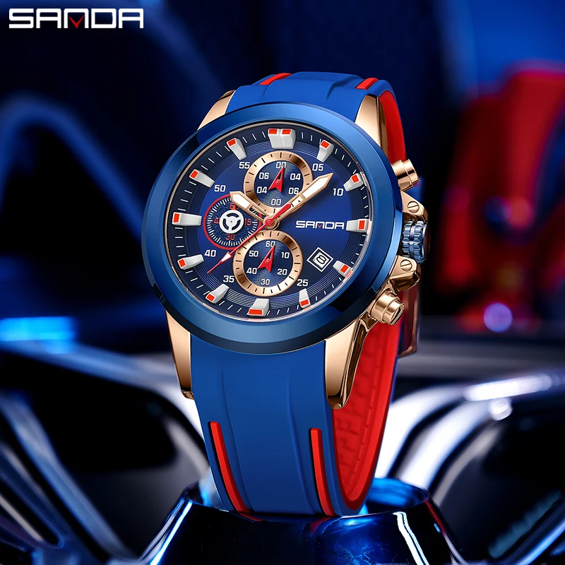 SANDA-Reloj de pulsera deportivo para hombre, cronógrafo de cuarzo con tres ojos y seis agujas, resistente al agua, con correa de silicona y calendario, sencillo, a la moda, 5503, 2023
