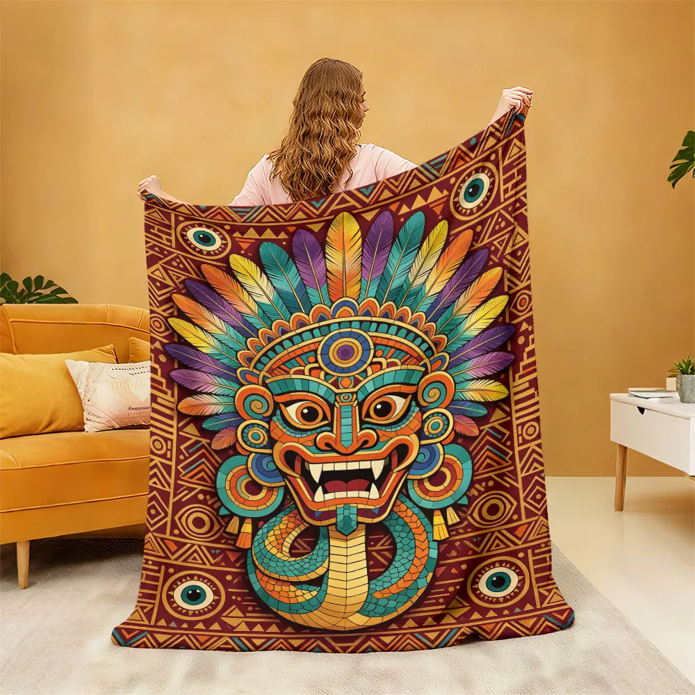 1pc Indian Maya Totem Print Flannel Blanket Soft Sofa Break Nap Blanket Machine Washable