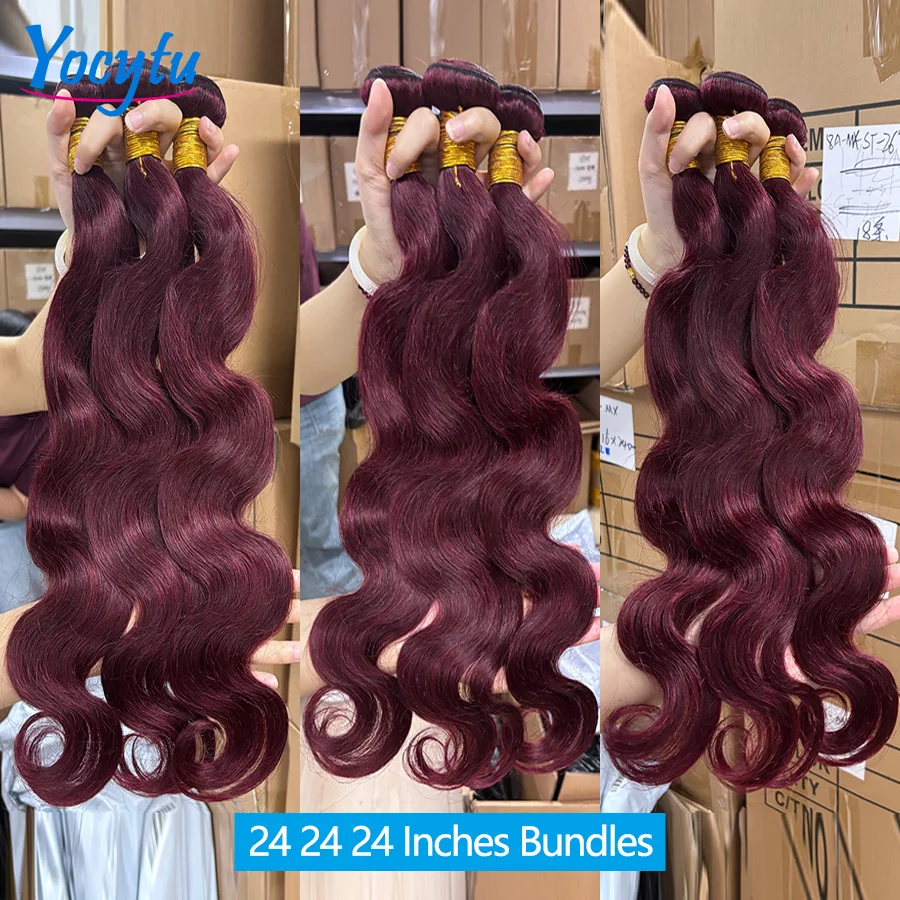 Burgundy Body Wave Bundles Human Hair 242424 Inches 99J Human Hair Bundles Red Colored Bundles 100% Human Hair Brazilian Weave Bundles Human Hair