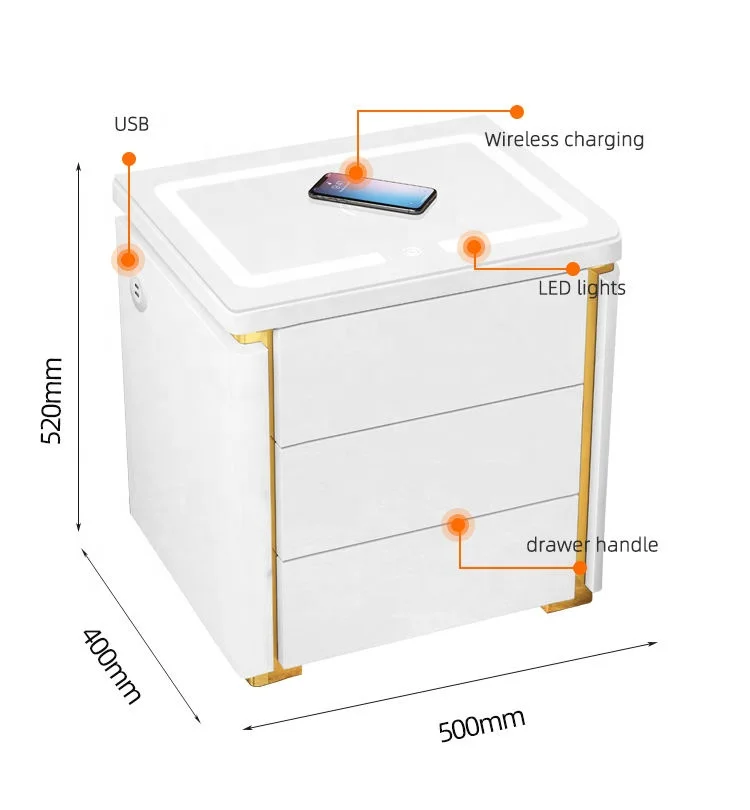 NOVA Intelligent Bedroom Furniture High Gloss Bedside Table Modern Simple Design White Smart Nightstands With Sensor Light Strip - view 4