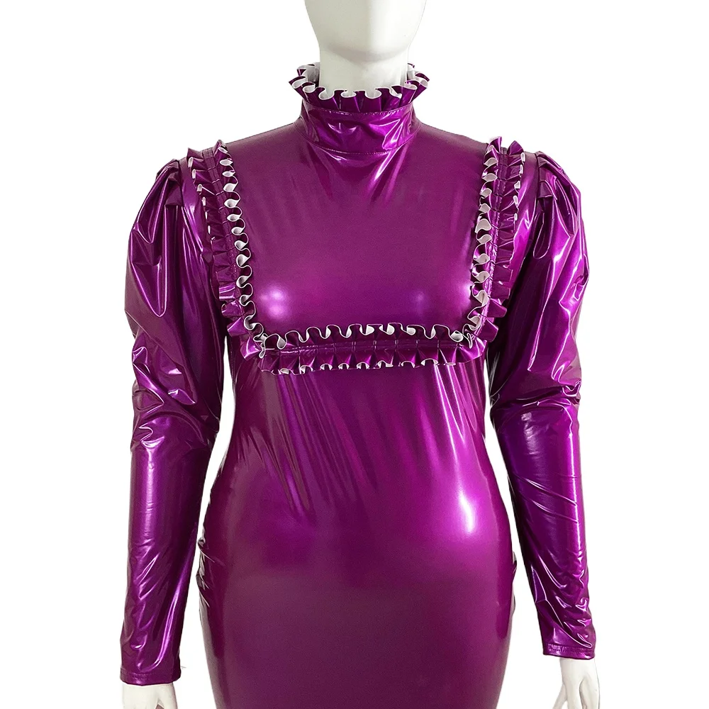 Women's Sexy Long Sleeve Mermaid Dresses, Slim Bodycon,Glossy PVC Leather Dress,Ruffles Turtleneck,Evening Party Dress,Prom Robe