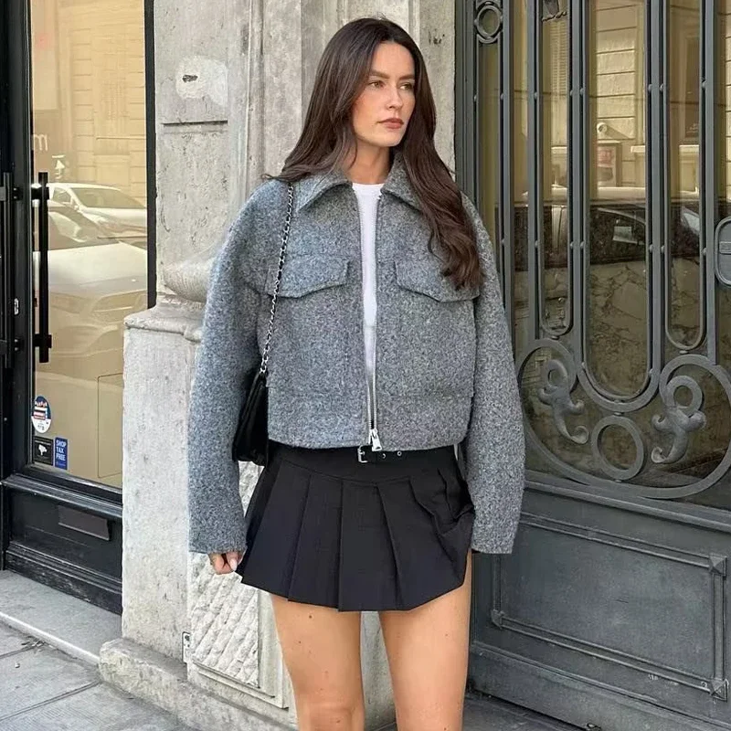 

Women Elegant Lapel Cropped Jacket 2023 Autumn Long Sleeve Solid Pocket Jackets Fashion Street Office Lady Zipper Casual Coats