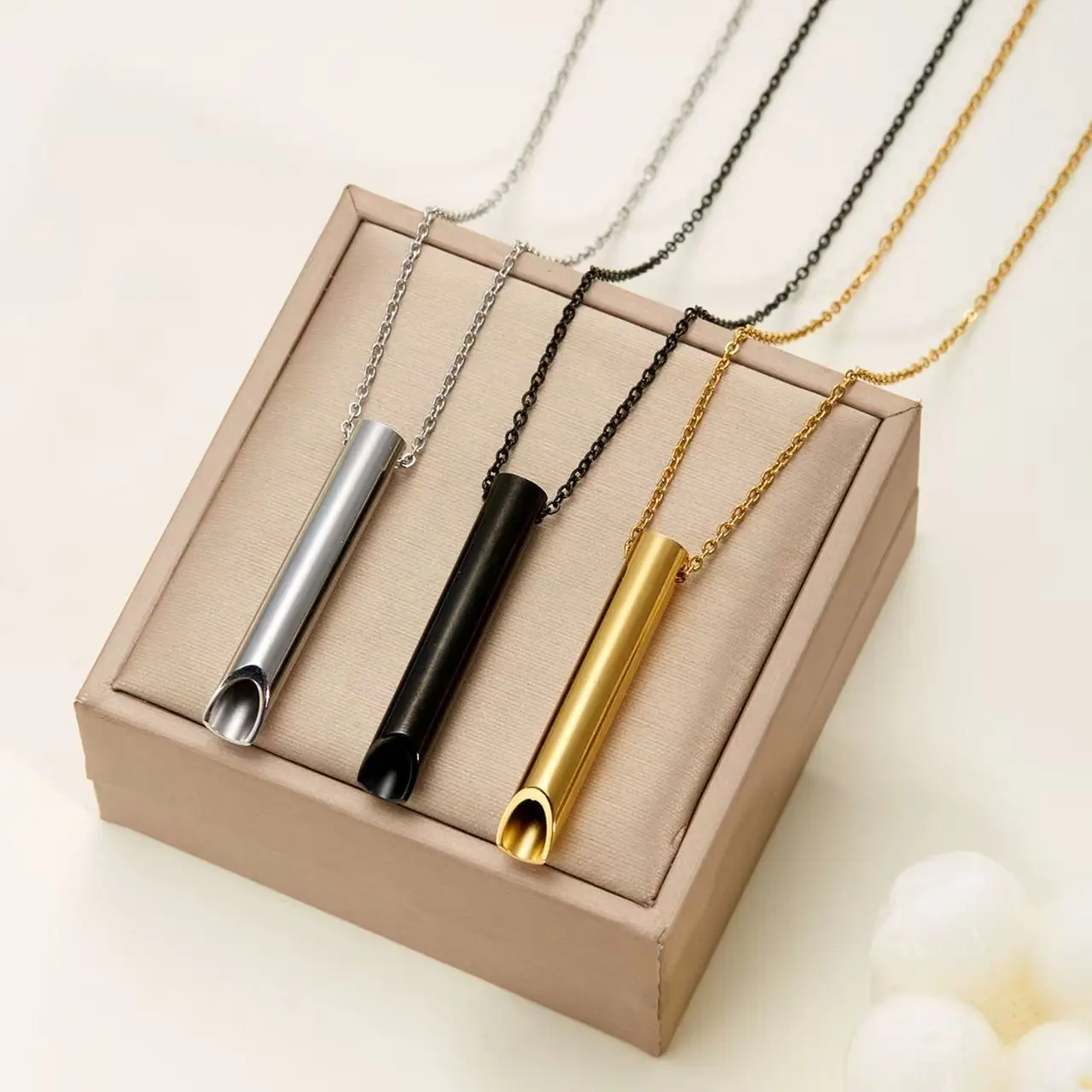 

Mindful Breathing Tube Necklace, Gold/Black/Silver O Shape Anxiety Relief Jewelry