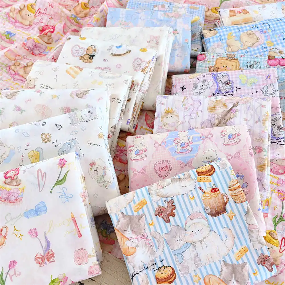 40 Count Cotton Cartoon Cute Cats Theme Print Class A Level Fabric Kid's Clothing DIY Sewing Needlework Material
