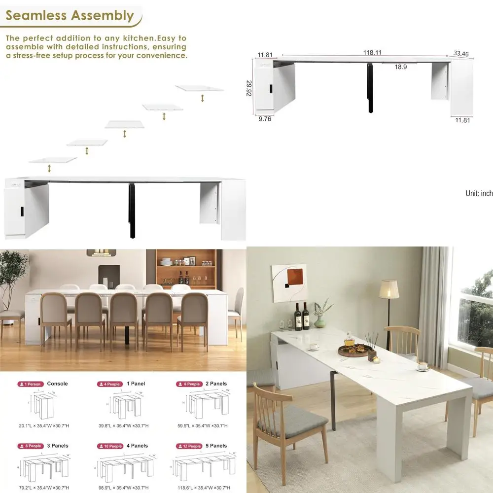

Компактный раскладной обеденный стол с местом для хранения, на 1-12 персон, со встроенной розеткой, мраморно-белый