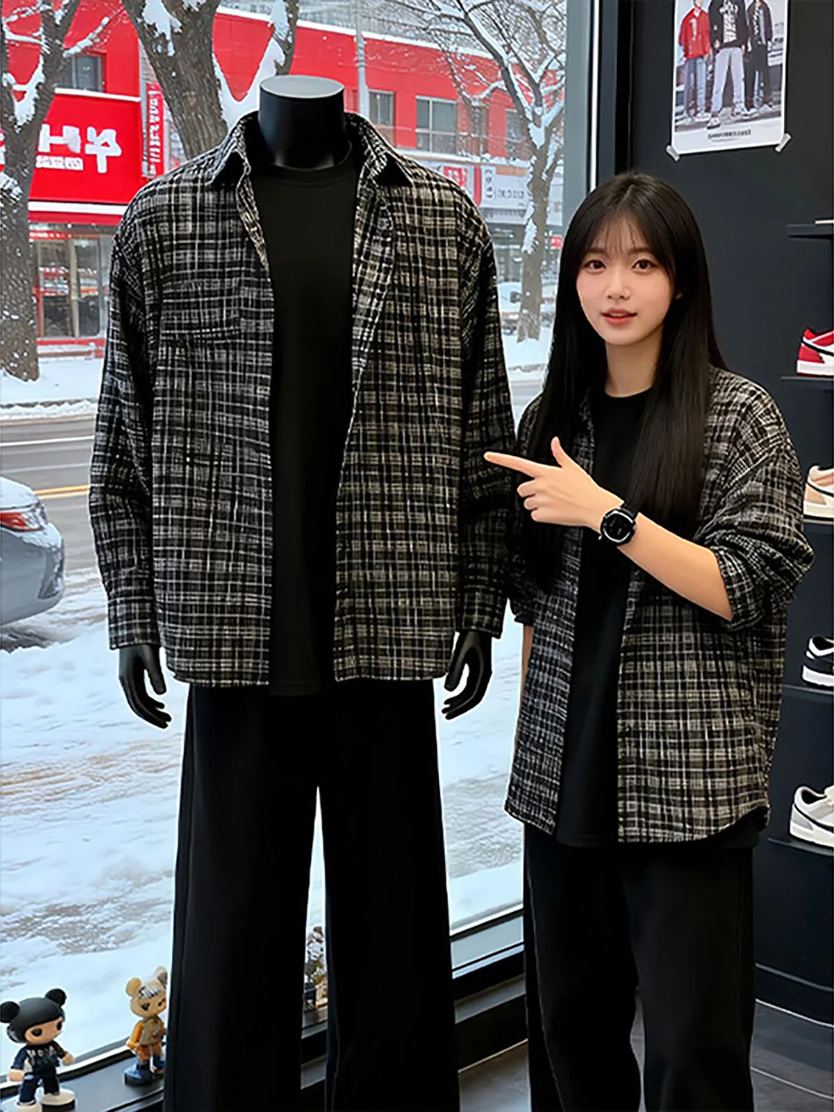 Cleanfit Heavyweight Black Plaid Collared Shirt Men's Autumn High-End Feeling Plaid Long Sleeve Casual Wear Outerwear