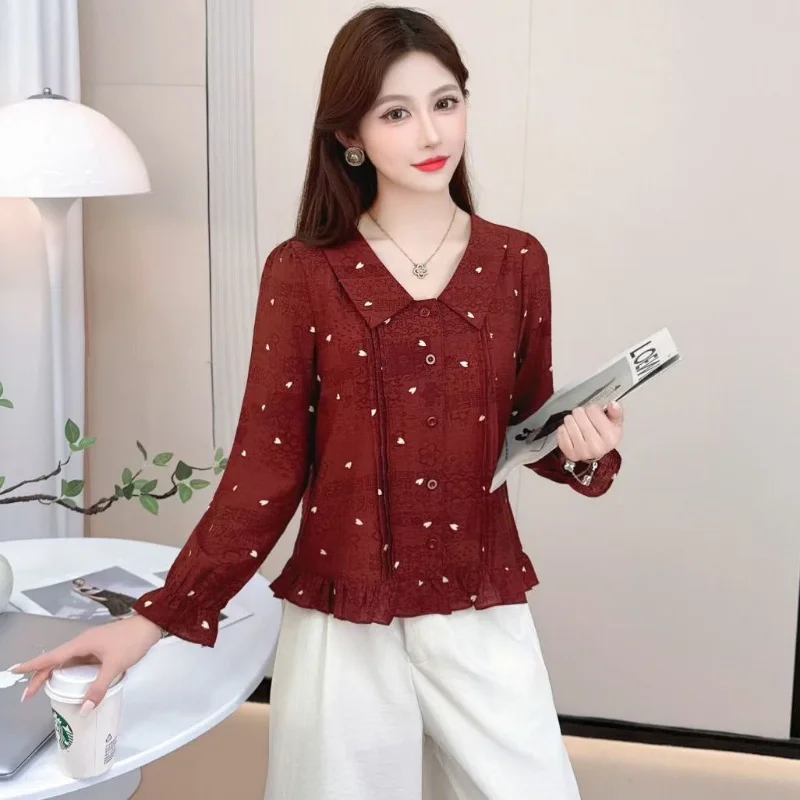 2025 otoño nuevo amor impreso camisa de manga larga con volantes fino estilo occidental versátil Top para mujeres