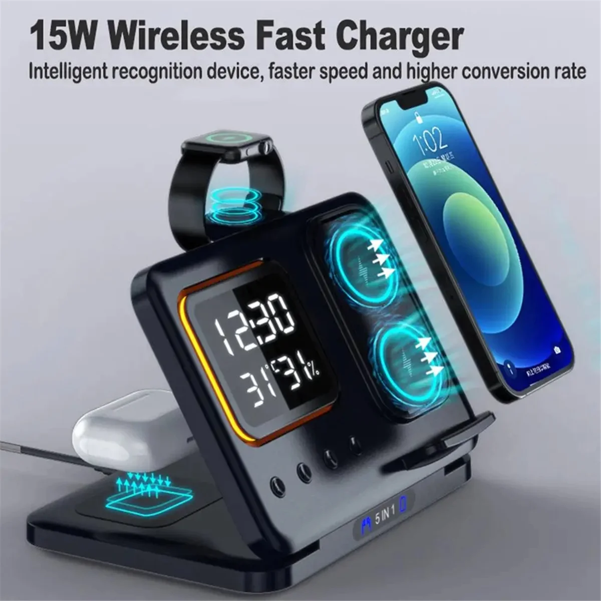 New Foldable 5-in-1 Wireless Chargers Stand 5 In1 LED Digital Alarm Clock Fast Charging Dock Station for IPhone 15 14 IWatch 8