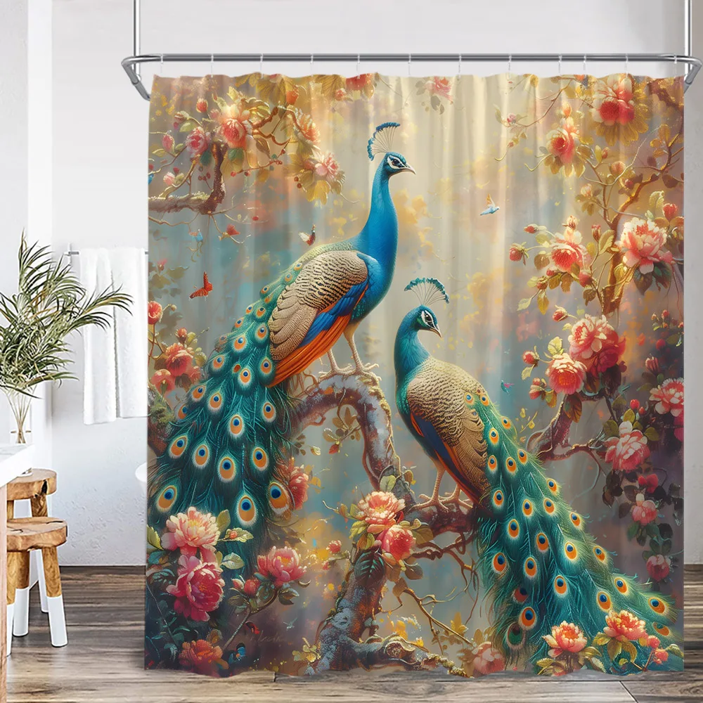 Peacock Oil Painting Shower Curtain Elegant Beautiful Bird Animal Printed Bathroom Decor Floral Plant Bathtub Curtain with Hook