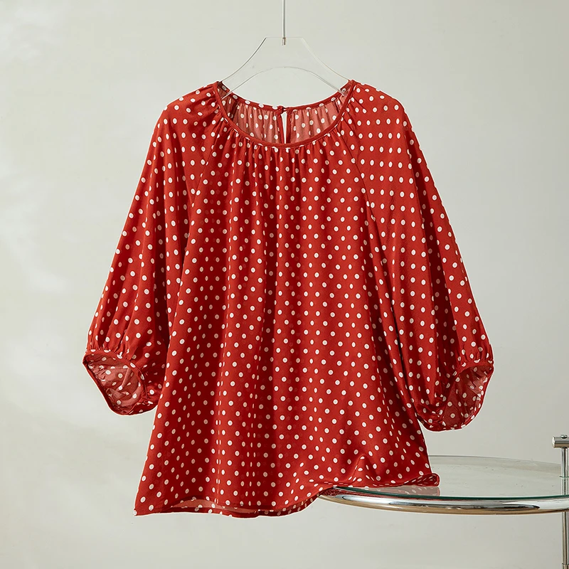 

100% Mulberry Silk Crepe Silk Women Blouse Loose Type Red Dots Printed Round Neck 3/4 Lartern Sleeve Top Shirt QQ030
