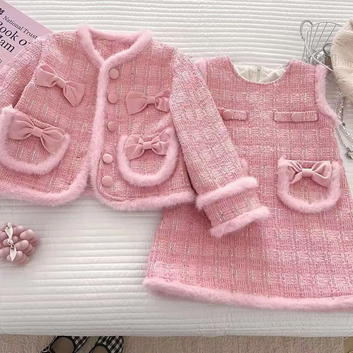 Girls' Winter Set 2026 New Arrival Fleece-Lined Thickened Children's Coat & Girl's Vest Dress Baby's Stylish Two-Piece Set