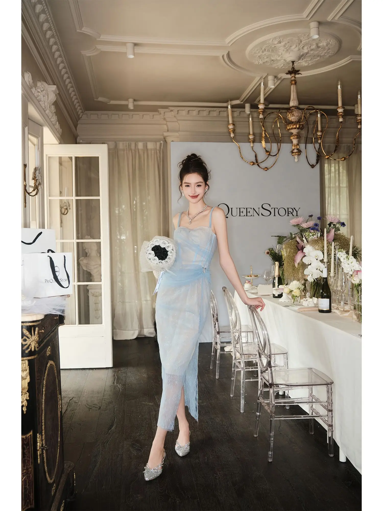 Ele encaje con cinturón fibra cintura Gored Dr mujer nuevo Sle Yu Xiaoxiao Deep Sea Elf Sli fibra de poliéster Dr