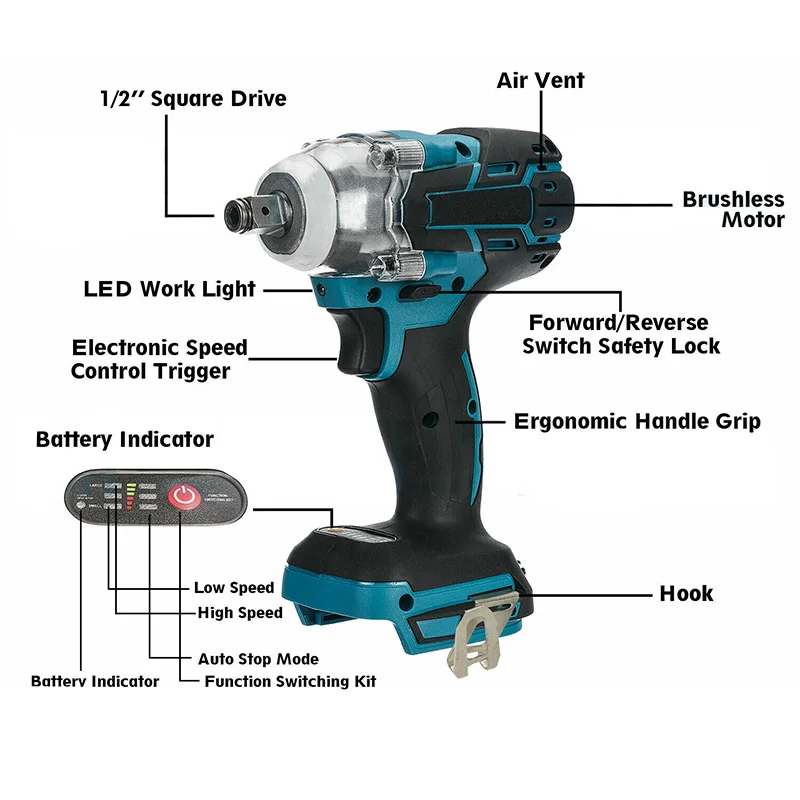 Magnitt 520NM Brushless Cordless Electric Impact Wrench 1/2 inch Power Tools Li Battery Compatible Makita 18V Battery Wrench