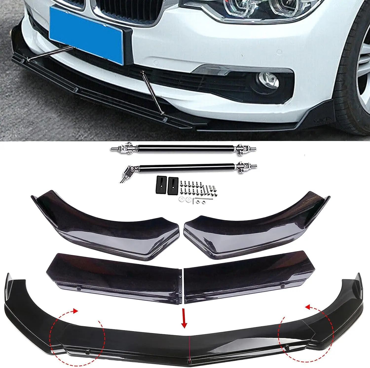 

Universal Front Bumper Lip Chin Spoiler PP Front Bumper Lip Sopiler Wing Body with Adjustable 8"-11" Support Splitter Rod