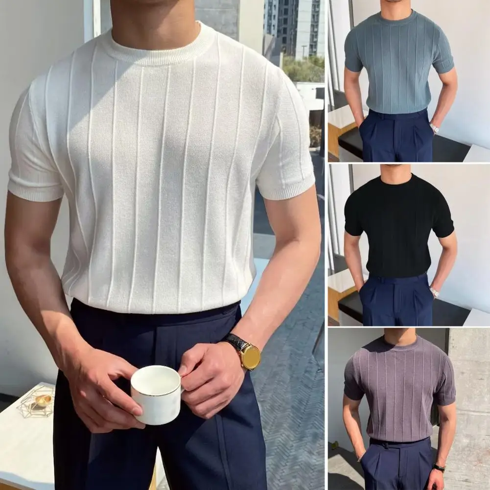 Men Summer T-shirt Round Neck Short Sleeves Solid Color Slim Fit Elastic Pullover Casual Mid Length Straight Men Sport Gym Top