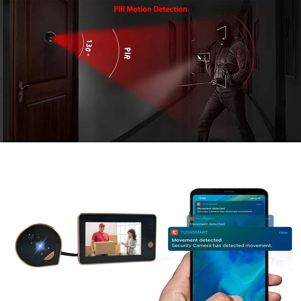 Tuya Smart-campainhas de vídeo Peephole sem fio, campainha de casa inteligente, grande angular, 130 °, 3MP HD, Alexa, porta intercomunicador com câmera, suporte a videochamada