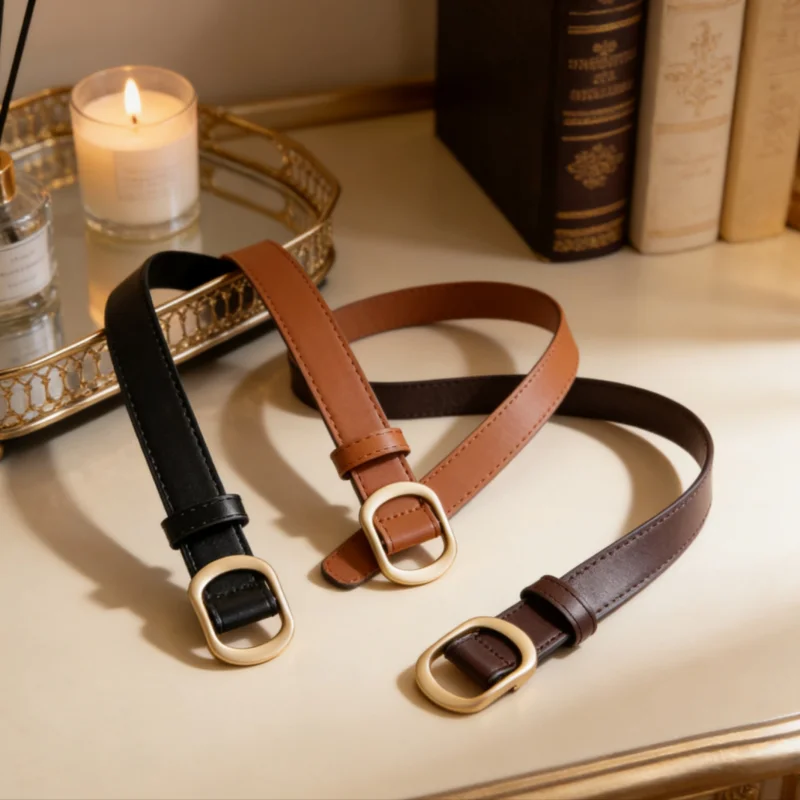 Women Belt Fashionable Gold Button Non Perforated Belt Authentic Leisure Versatile PU Leather Belt Paired with Pants Jeans Belt