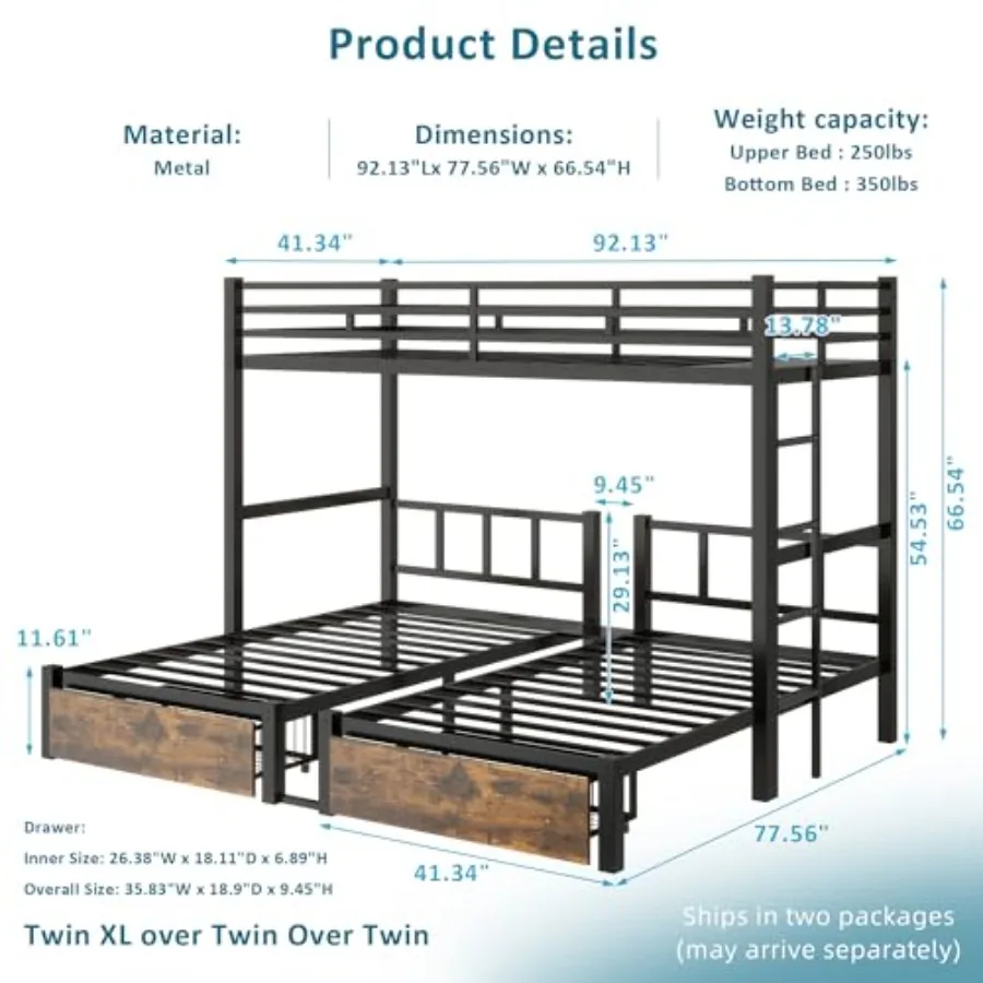 Triple bunk bed for kids: detachable Twin XL over Twin over Twin metal frame with guardrails, ladder under-bed storage; convert